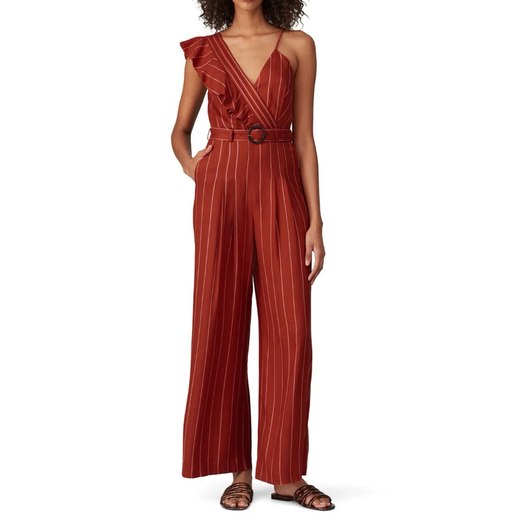 Three Floor Margaux Red Brown Stripped Sleeveless Ruffle Belted Waist Jumpsuit